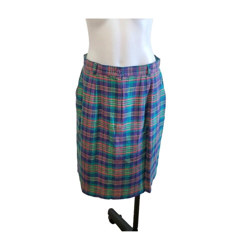 Vintage 90s Talbots Size 14 Linen Green Blue Clueless Preppy Plaid Pencil Skirt